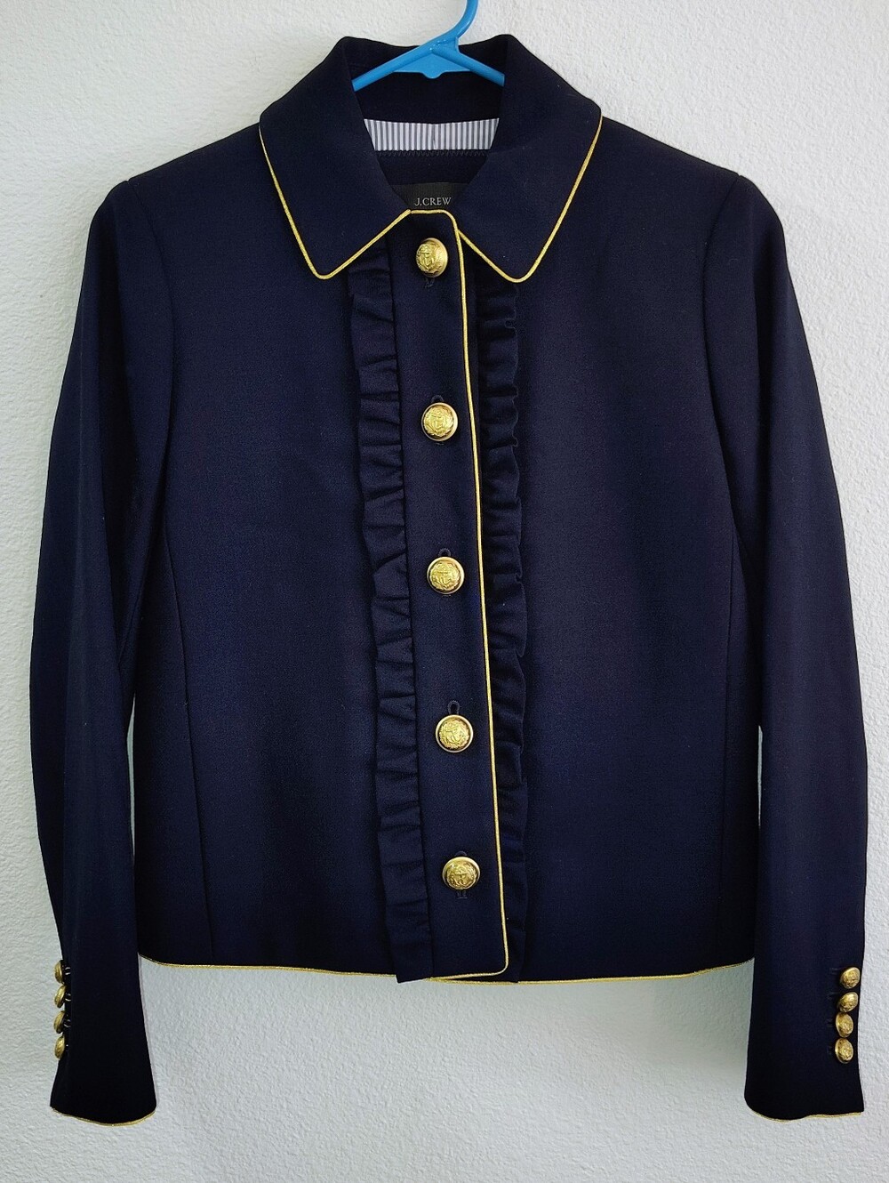 J.Crew Navy Jacket with Gold Piping & Buttons with Ruffles Down the Front Size 0 - Picture 2 of 15